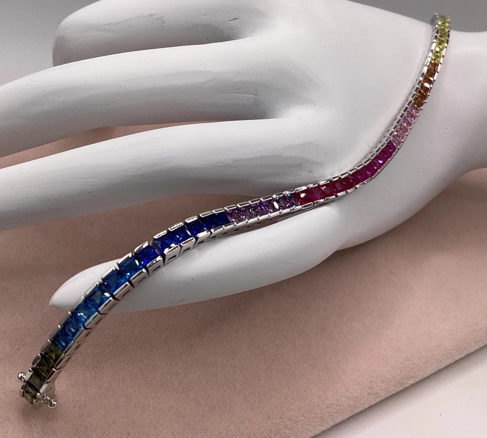 Sapphire Tennis Bracelet Princess Cut Sterling Silver Channel Set 7 inch