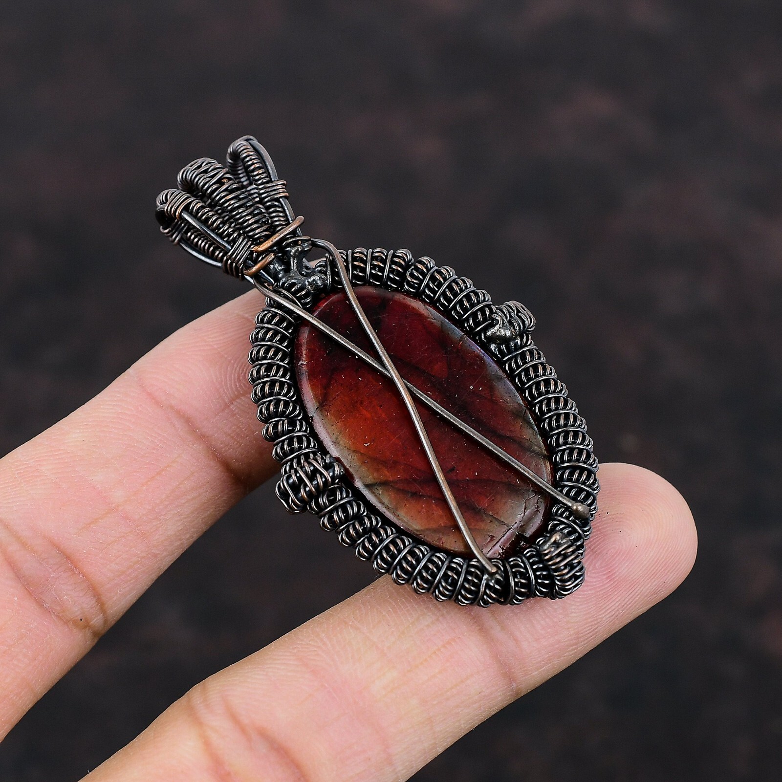 Red Fire Labradorite Copper Gift For Mum Wire Wrapped Pendant 2.64″