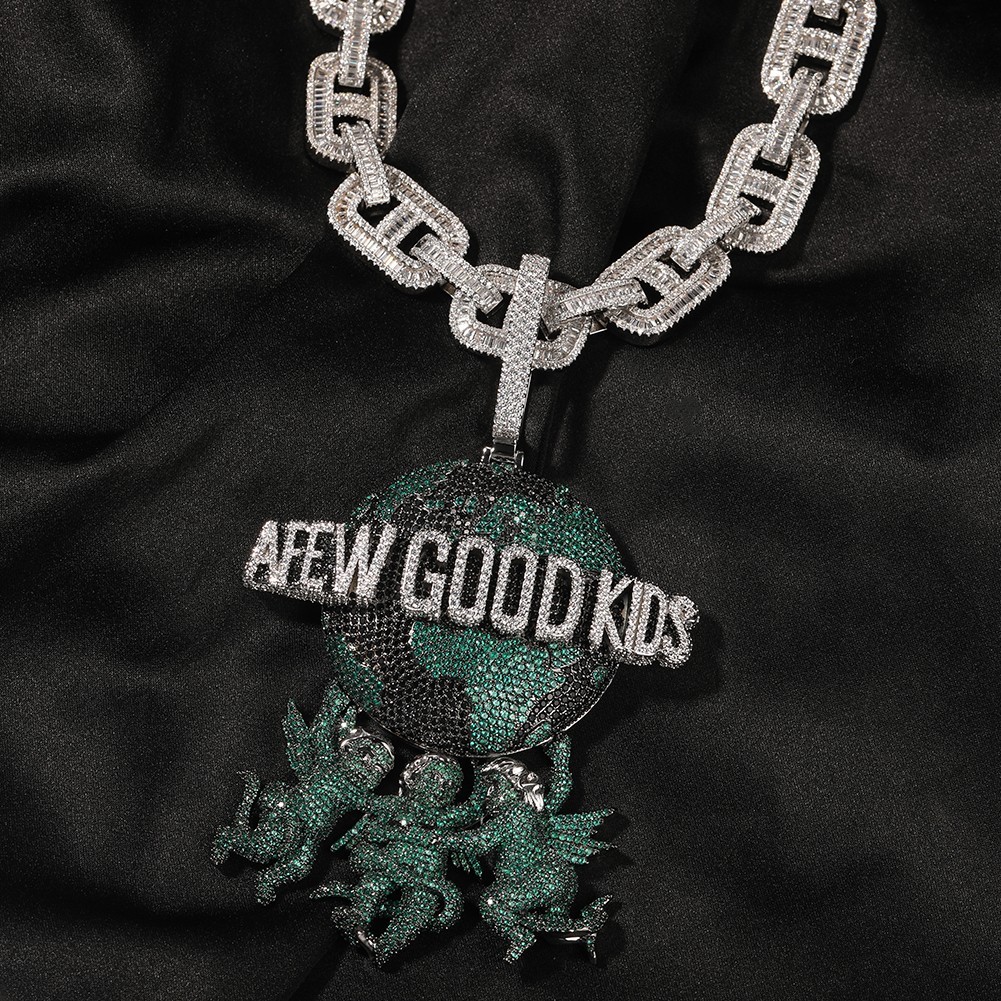 5AAA+ CZ Ice Out Hop Hip Bling A FEW GOOD KIDS 3 Angels Earth Pendant Chain