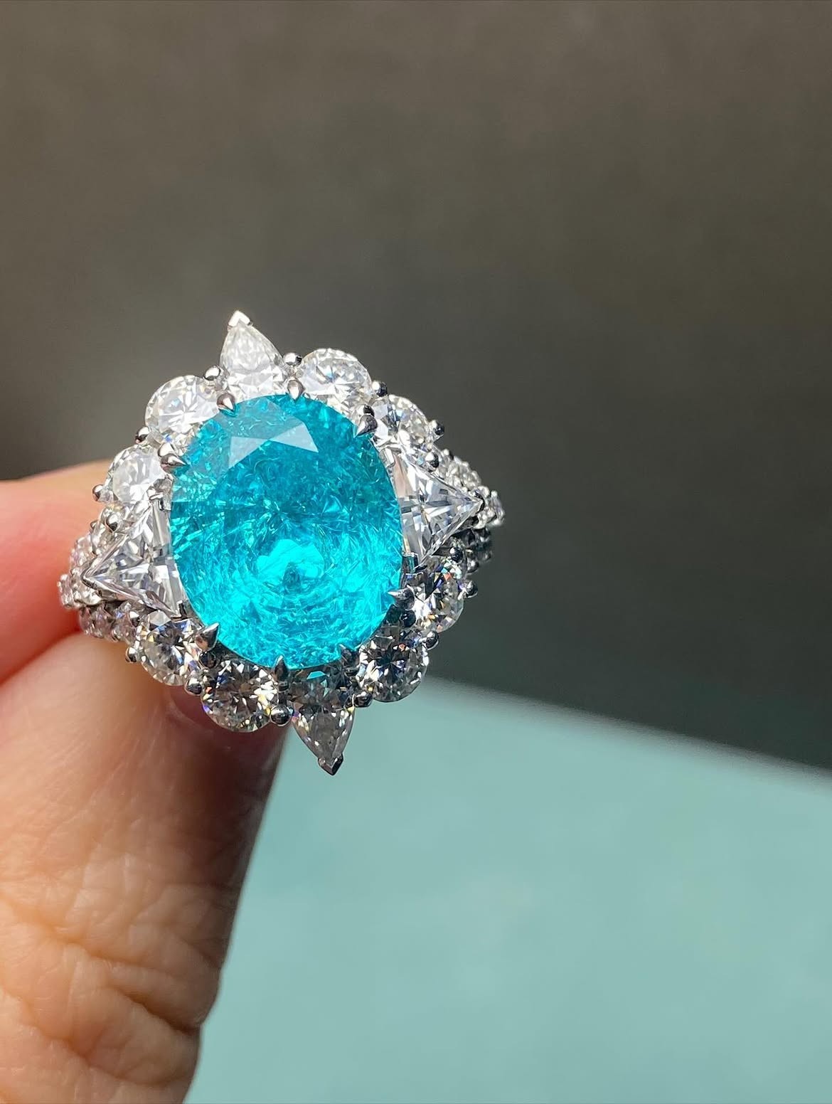 4.45 CT Oval Cut Paraiba Tourmaline & Diamond Engagement Ring 14K White Gold