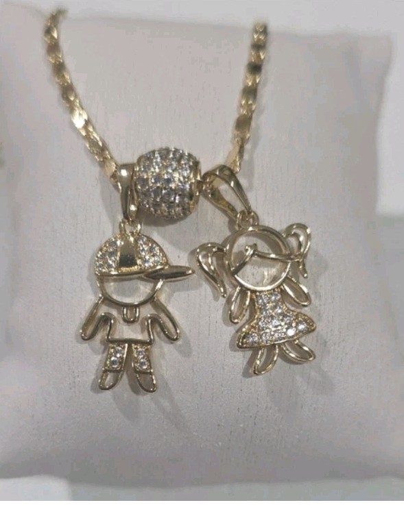 14K Gold Plated Rope Chain Necklace w/ Boy & Girl Charm, Clear CZ