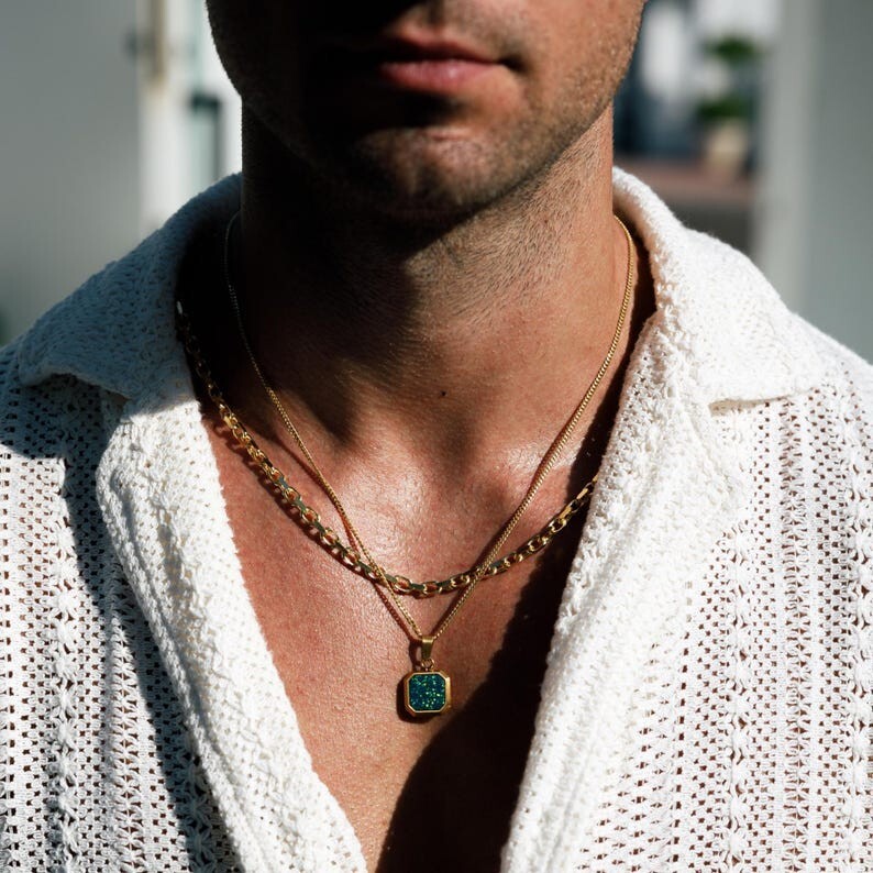 Fire Opal Men’s Square Pendant Stackable Minimalist Sterling Silver Jewelry Gift