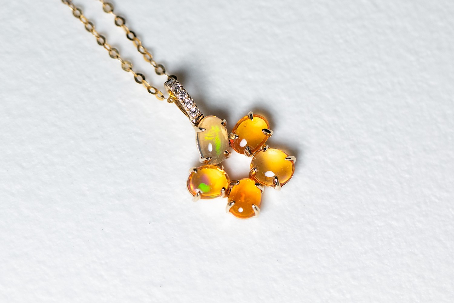 Flower Design Mexican Fire Opal Diamond Pendant Necklace 14k Yellow Gold