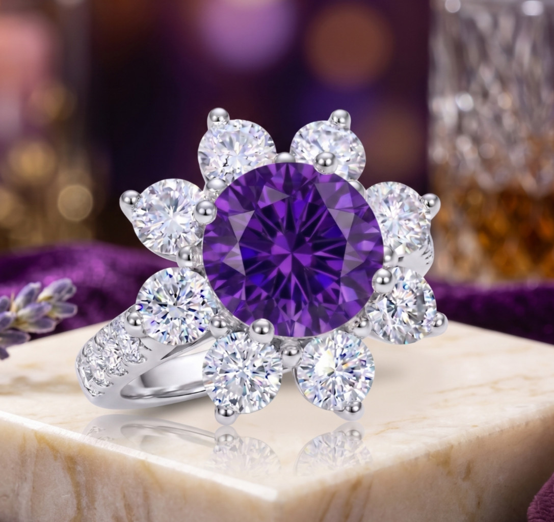6.20 Ct Certified Round Cut Purple Natural Diamond Ring VVS1 White Gold Finish