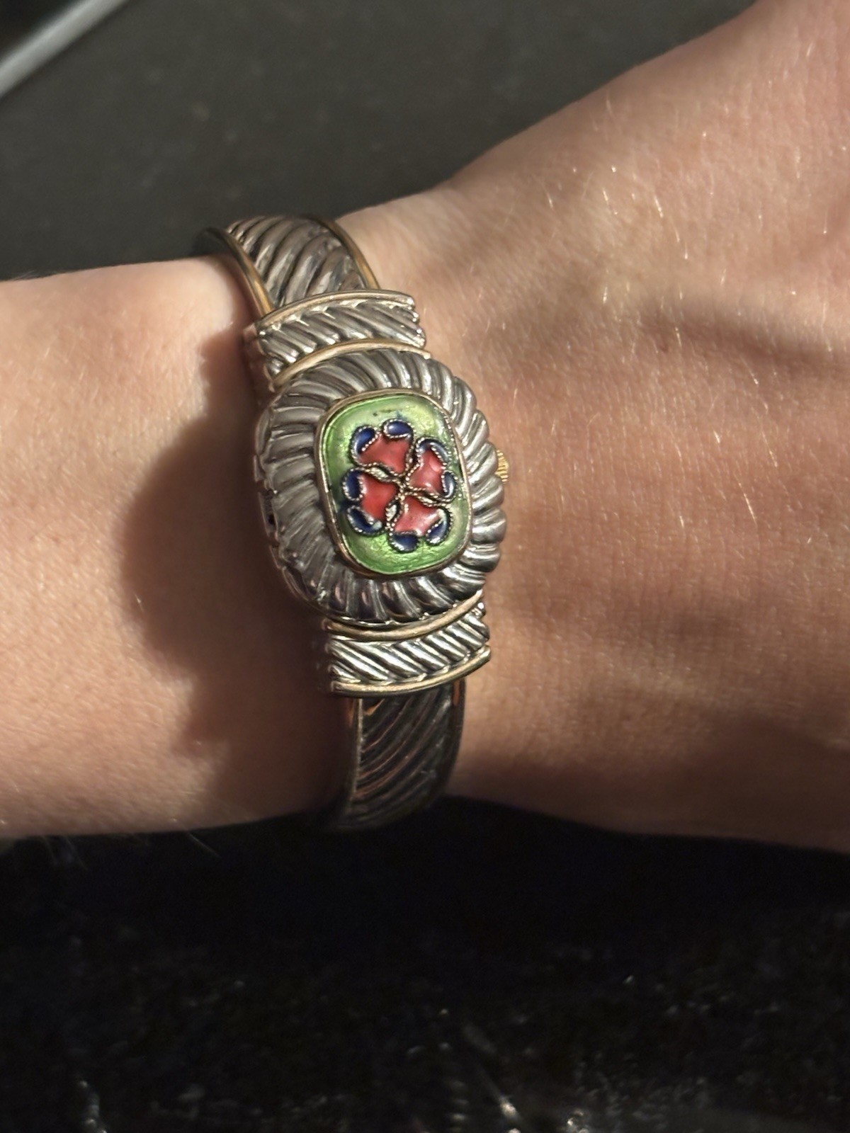 Vintage Two Tone Bangle Cuff Locket Style Wristwatch Ribbed Bracelet