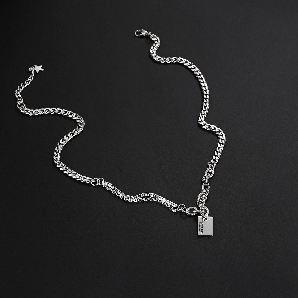 Silver Titanium Alloy Necklace Double Chain Square Tag Extension Choker Unisex