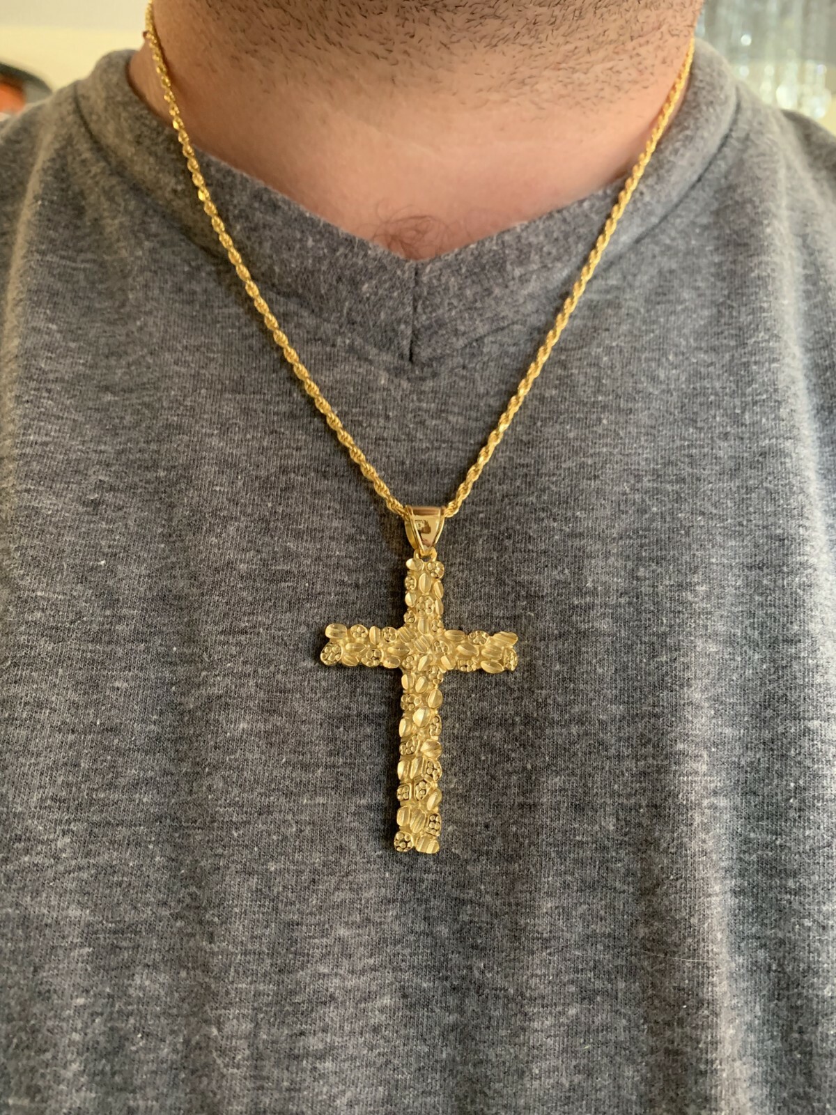 Mens Large Gold Nugget Cross 14k Gold Plated Solid 925 Silver Necklace Chain