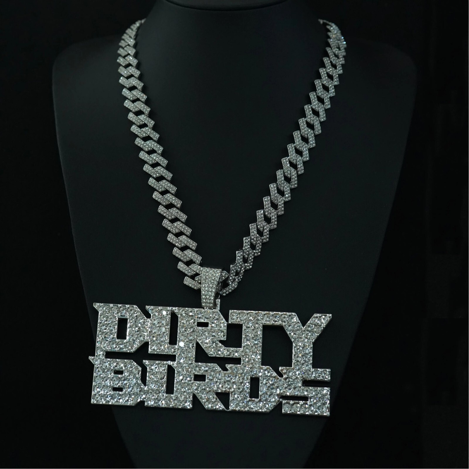 HipHop Iced DIRTY BIRDS Letter Pendant Necklace Crystal CZ Chain Fashion Jewelry