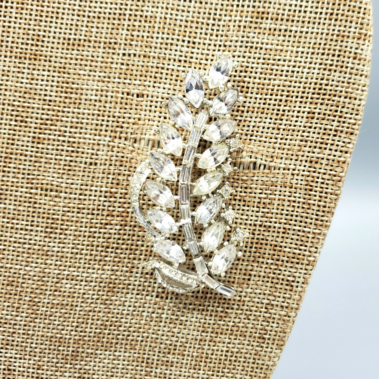 1950’s Unsigned Designer Clear Marquise Baguette Feather Leaf Brooch