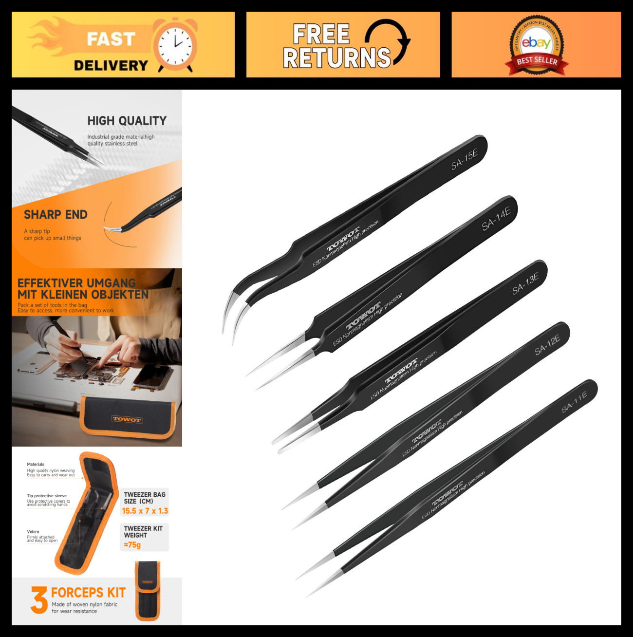 5 PCS Precision Tweezers Set – Anti-Static Stainless Steel for Craft, Electronic
