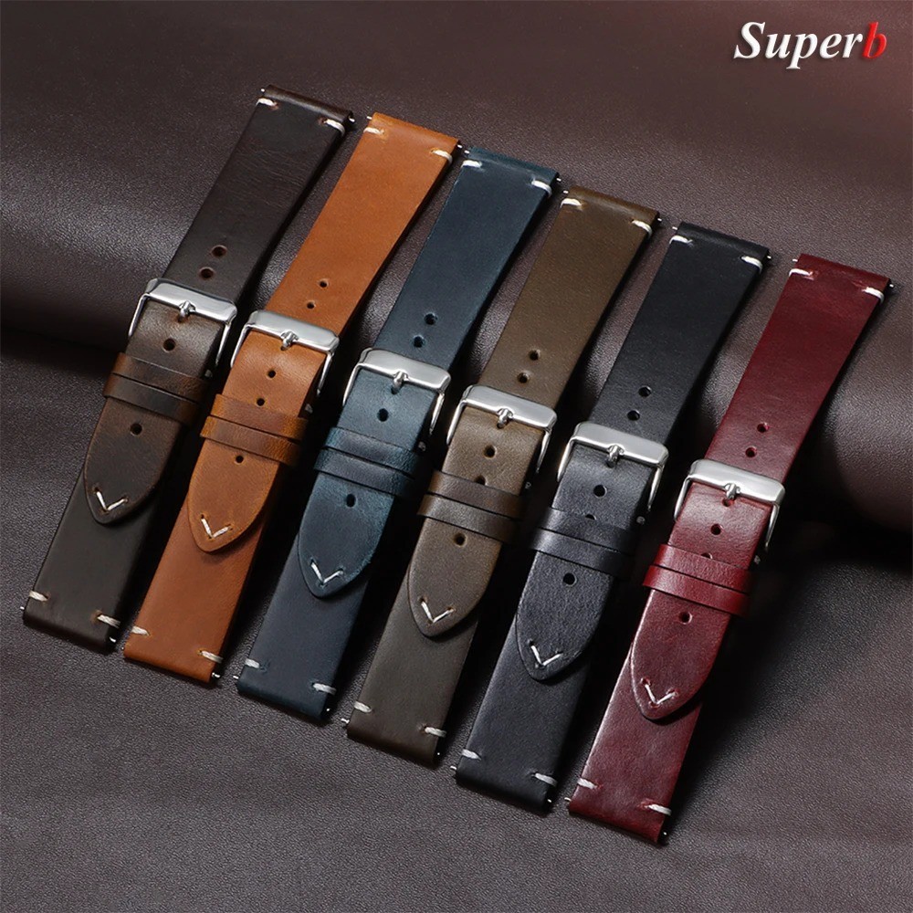 Vintage Oil Waxed Cowhide Watch Strap Quick Release genuine Leather band 18-24mm