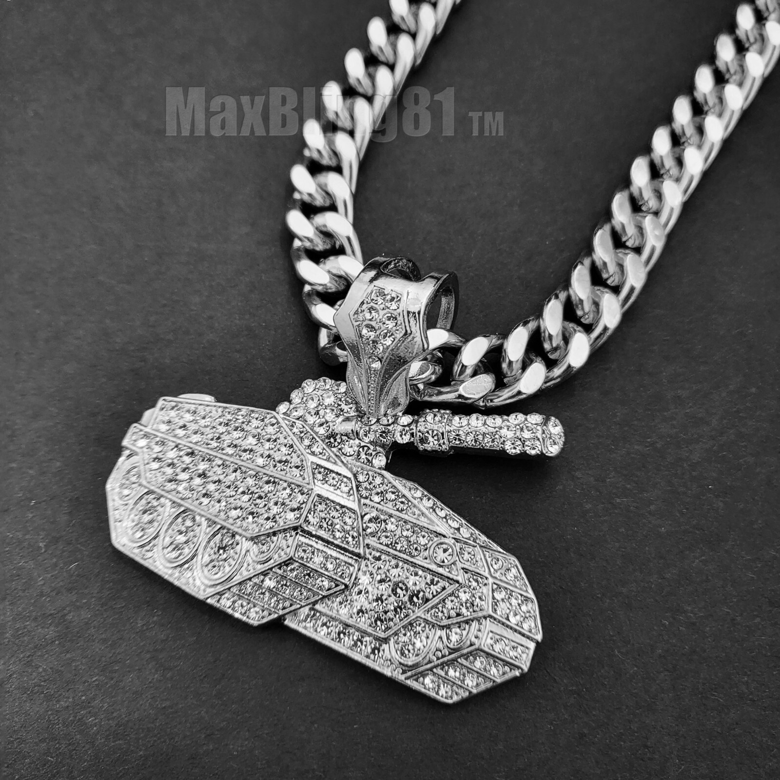 Iced Icy Large NO LIMIT TANK Pendant & 10mm Cuban Chain Hip Hop Jewelry Necklace