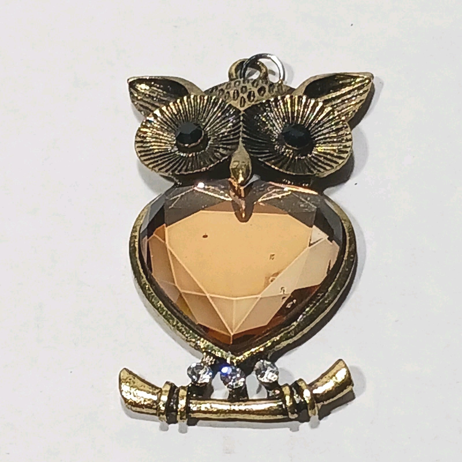 Owl Pendant Large Eyed Heart Shape Foil Back Glass Rhinestone Belly VTG Jewelry