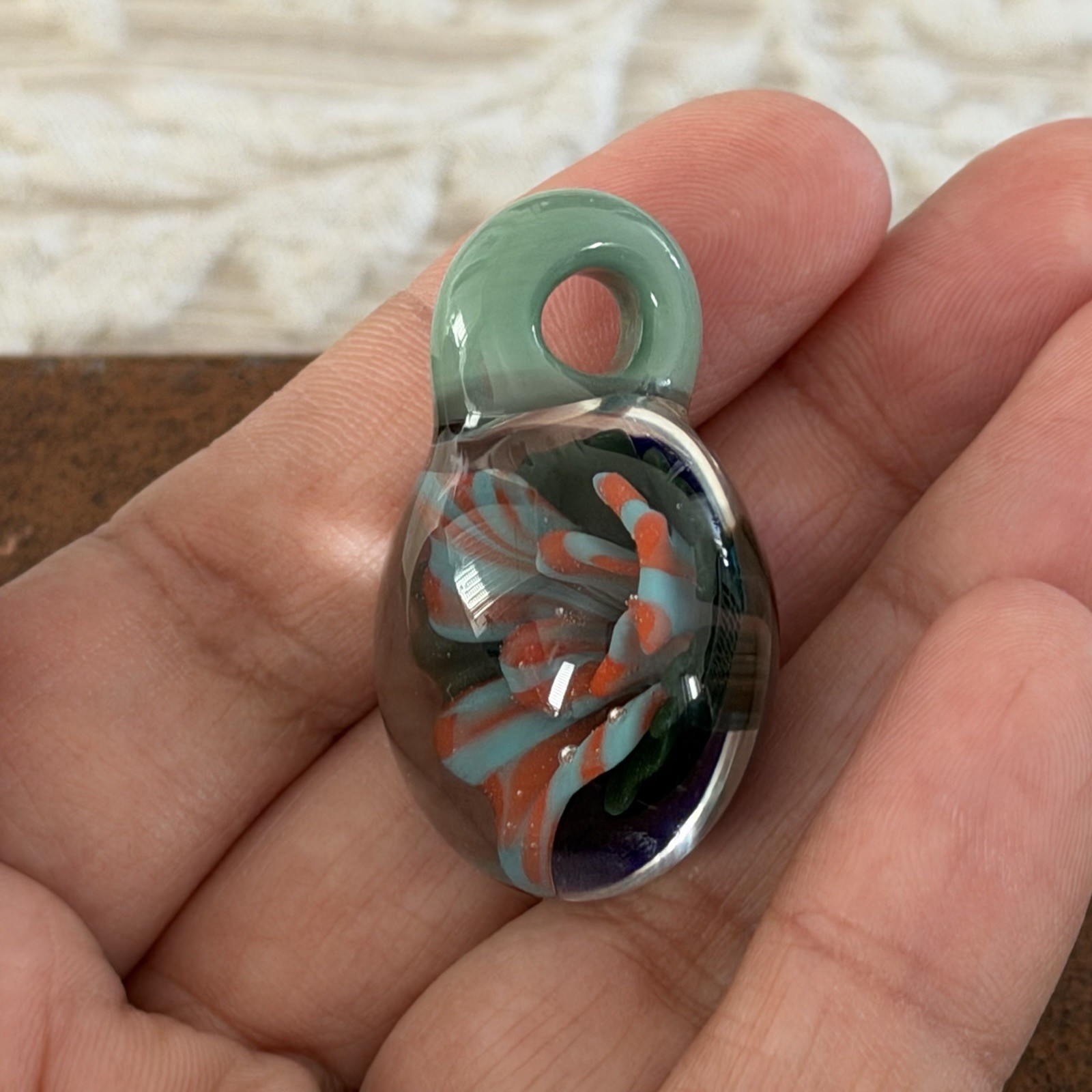 Handblown Glass Pendant Floral Flower Teal Green Orange Blue Unique