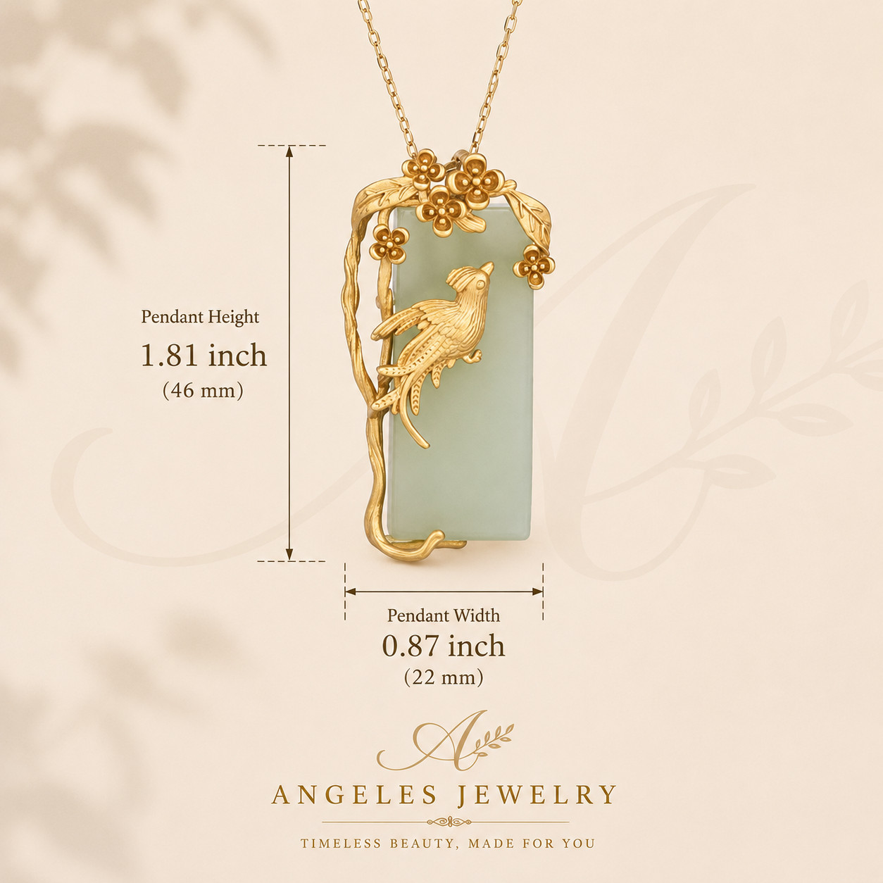 Jade Pendant Necklace Charm 18K Gold Plated Chain Phoenix Bird Dainty Gemstone