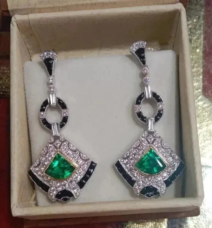 Art Deco Style Lab Created Emerald Diamond Engagement 14k White Gold FN Earrings