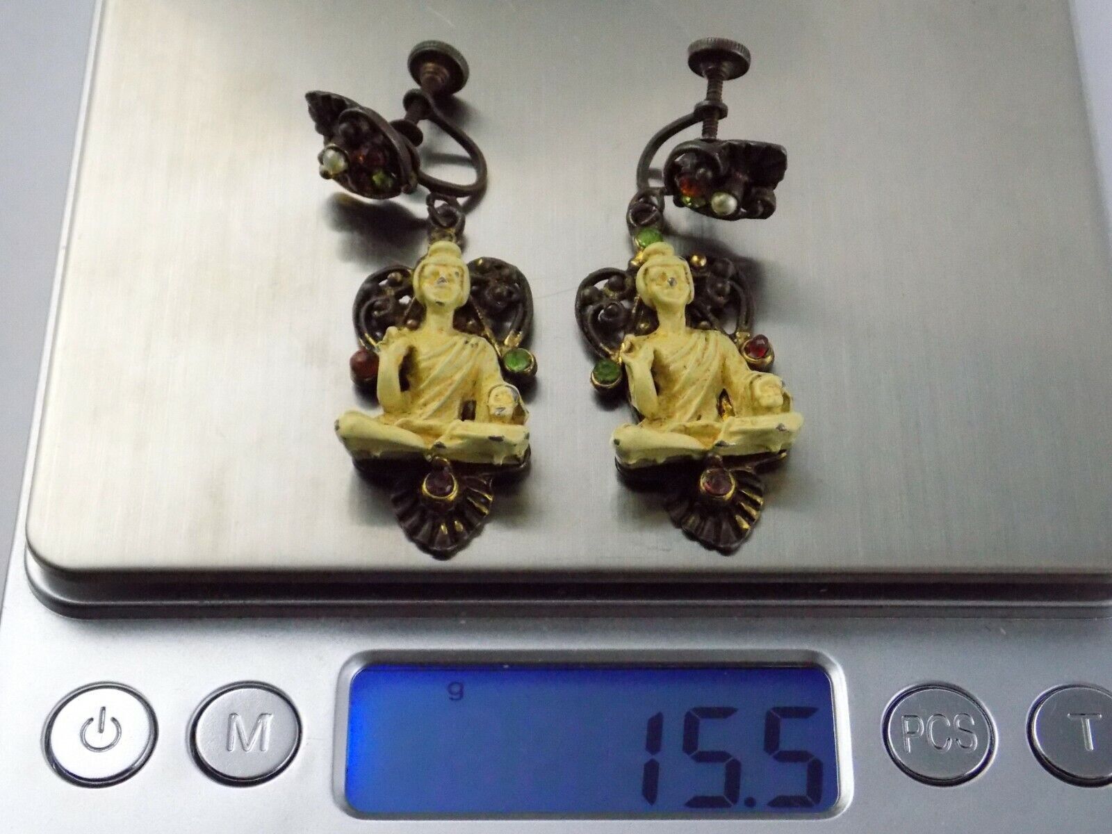 Vintage Painted Brass and Buddha Figurine Screwback Earrings Unsigned Rhinestone