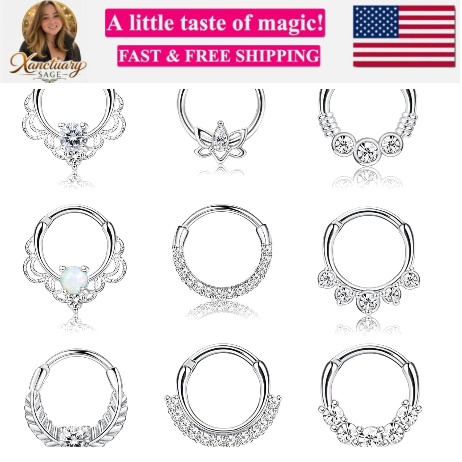 9PCS 16G Septum Rings Opal Daith Earrings Hoop Nose Rings 316L Stainless Stee…