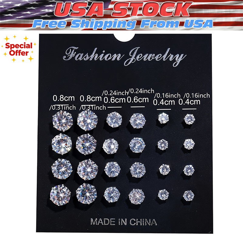 Silver Alloy Zircon Stud Earrings Set 12 Pairs Round Six Prong for For CRYSTAL