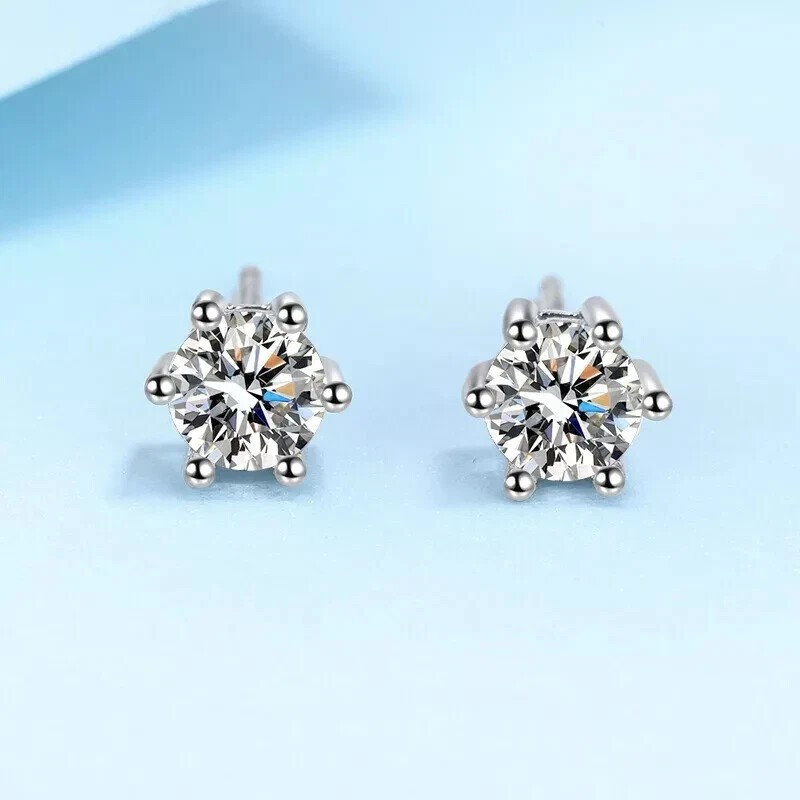 1Ct Round Cut Natural Diamond Women’s 6 Prong Set Stud Earrings 14k White Gold