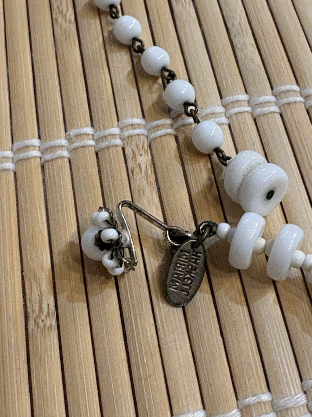 Vintage MIRIAM HASKELL White Bamboo Beaded Necklace Bib Ladder 12” Signed