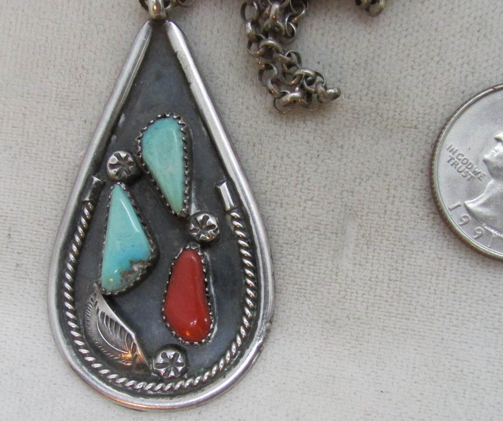 VTG SW N A TURQUOISE AND CORAL TEARDROP PENDANT W/26″ CHAIN—NEW PRICE–