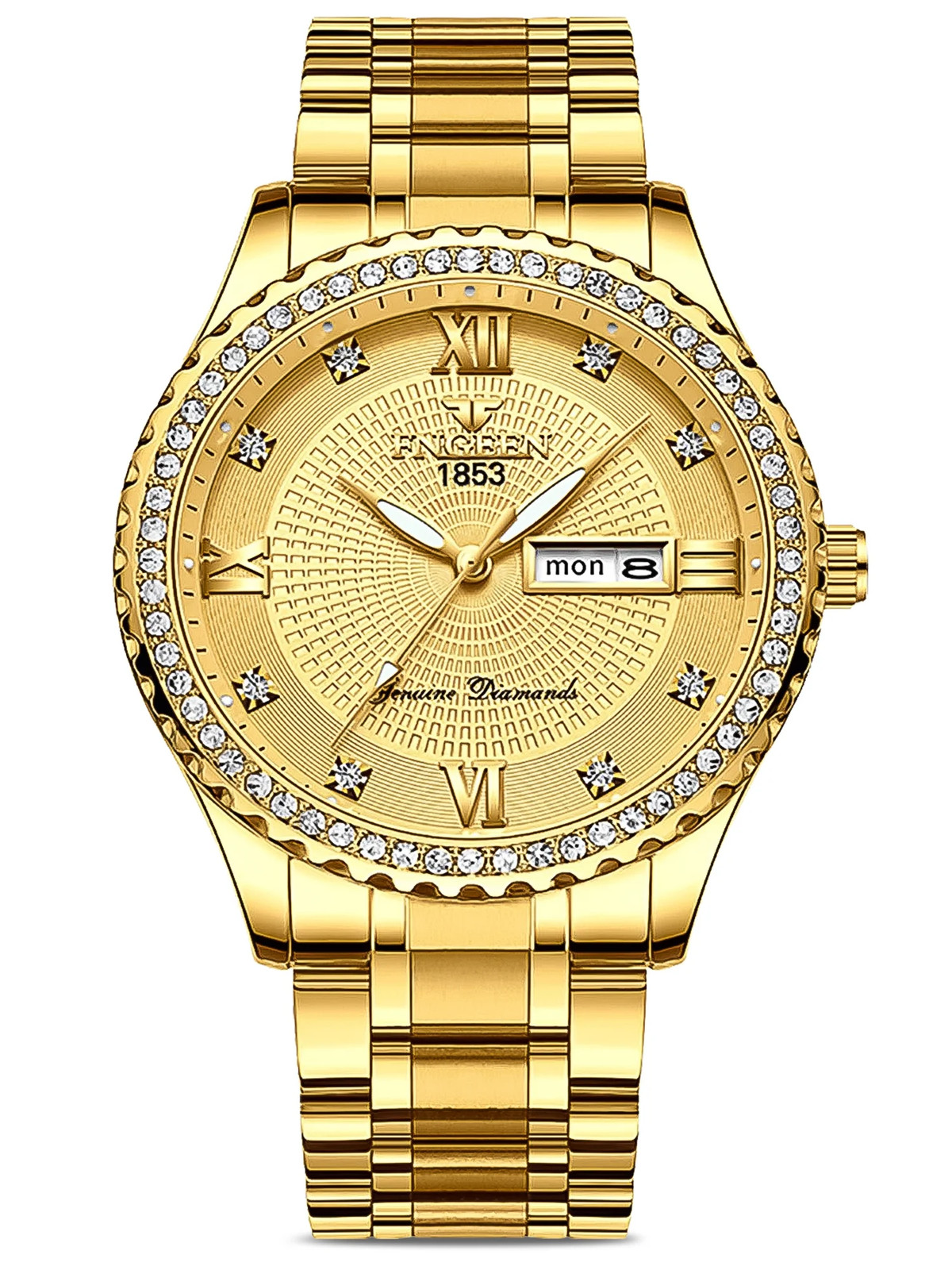 Classic Diamond Gold Watches for Men, Stainless Steel Waterproof Dress Watch, Me