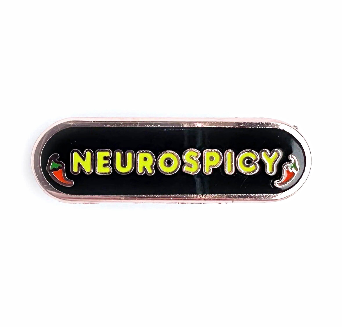 Neurospicy Enamel Bar Lapel Pin | Black & Yellow with Chili Peppers