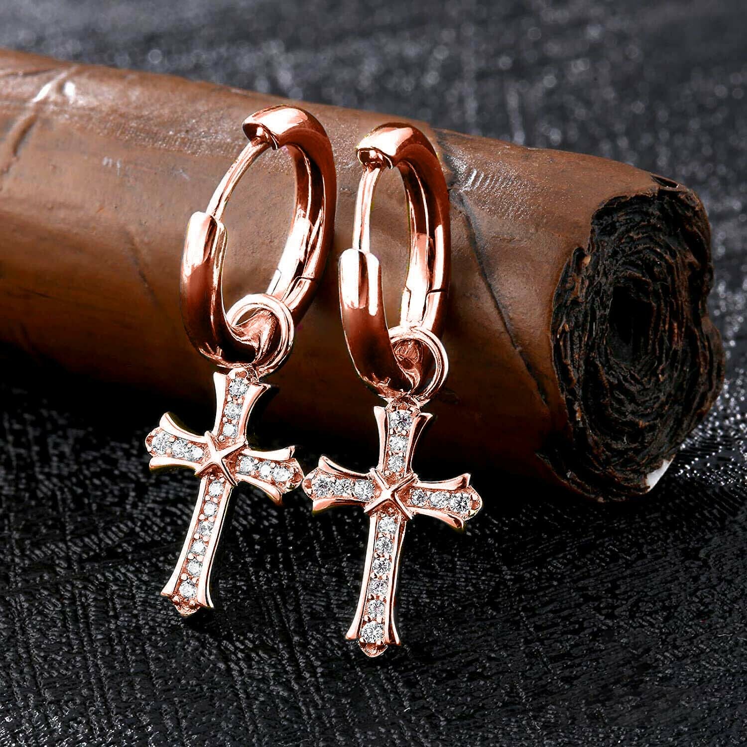 Men & Women 18K Rose Gold Plated CZ Cross Leverback Huggie Hoop Drop Earrings