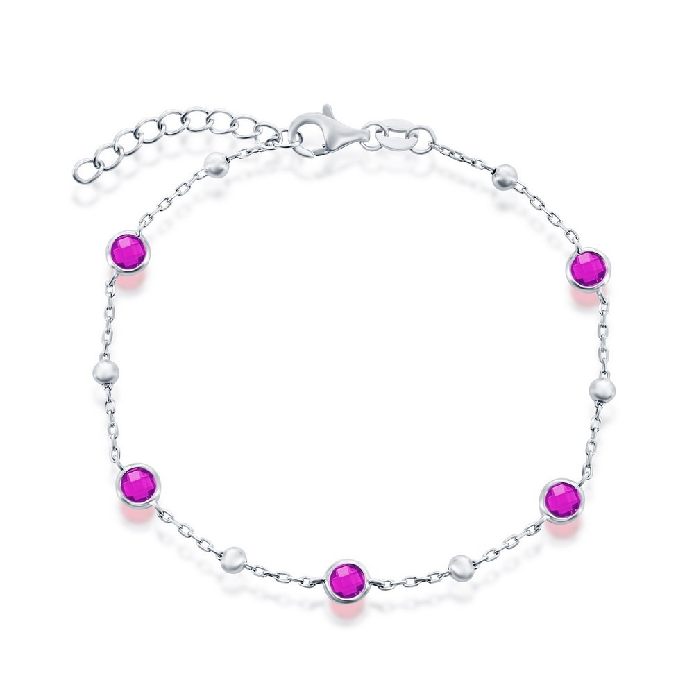 Sterling Silver Sparkling Bezel-Set CZ & Bead Bracelet – Ruby Rhodium Plated