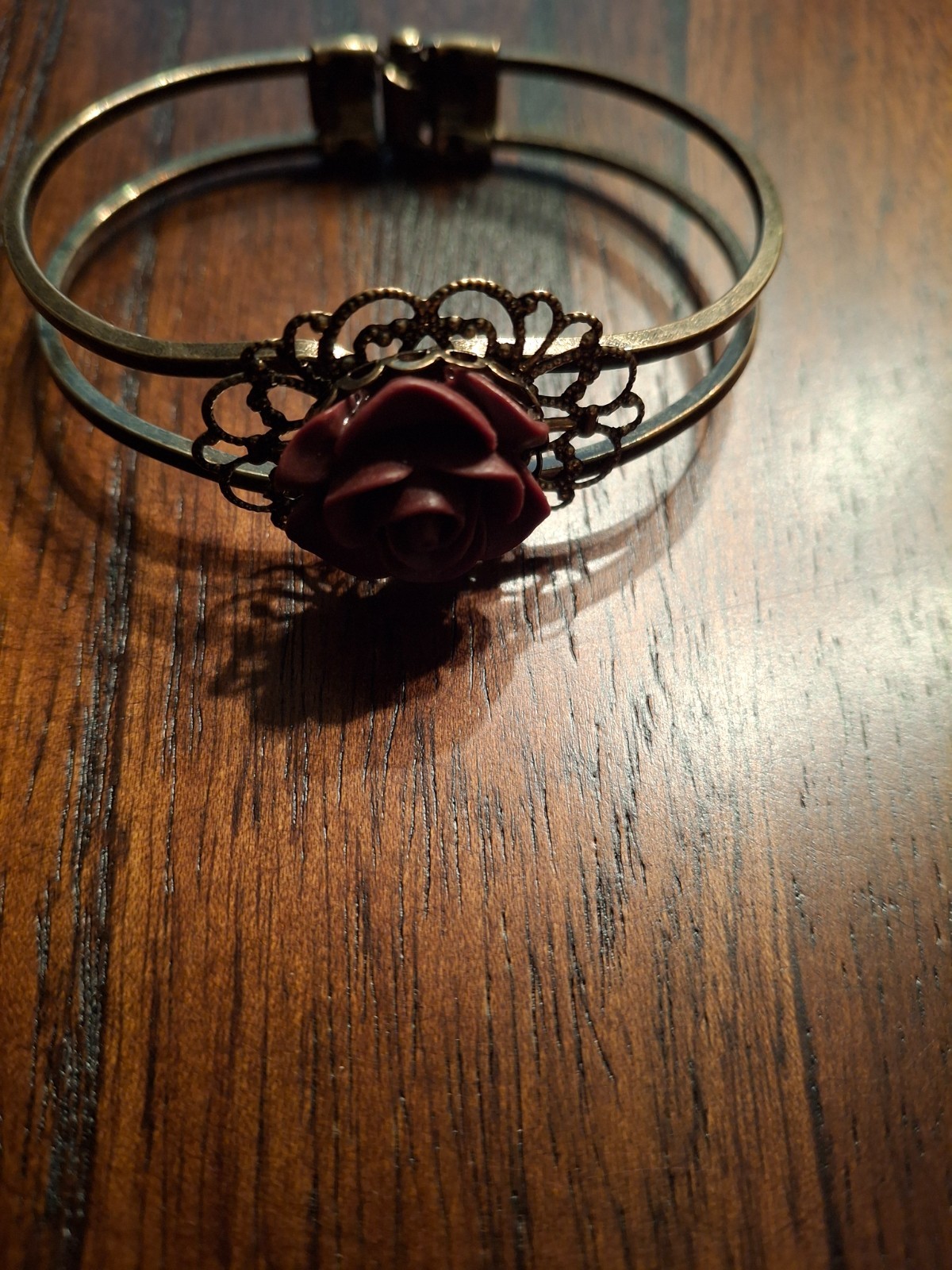Brass with Burgundy Rose Hinge Bracelet