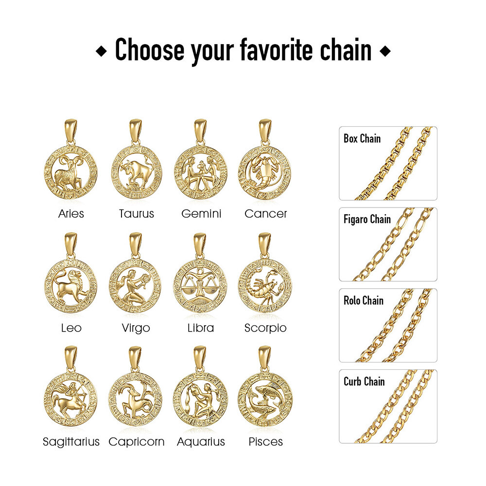 Gold Plated Zodiac Sign Constellation Pendant Necklace Unisex with Free Chain