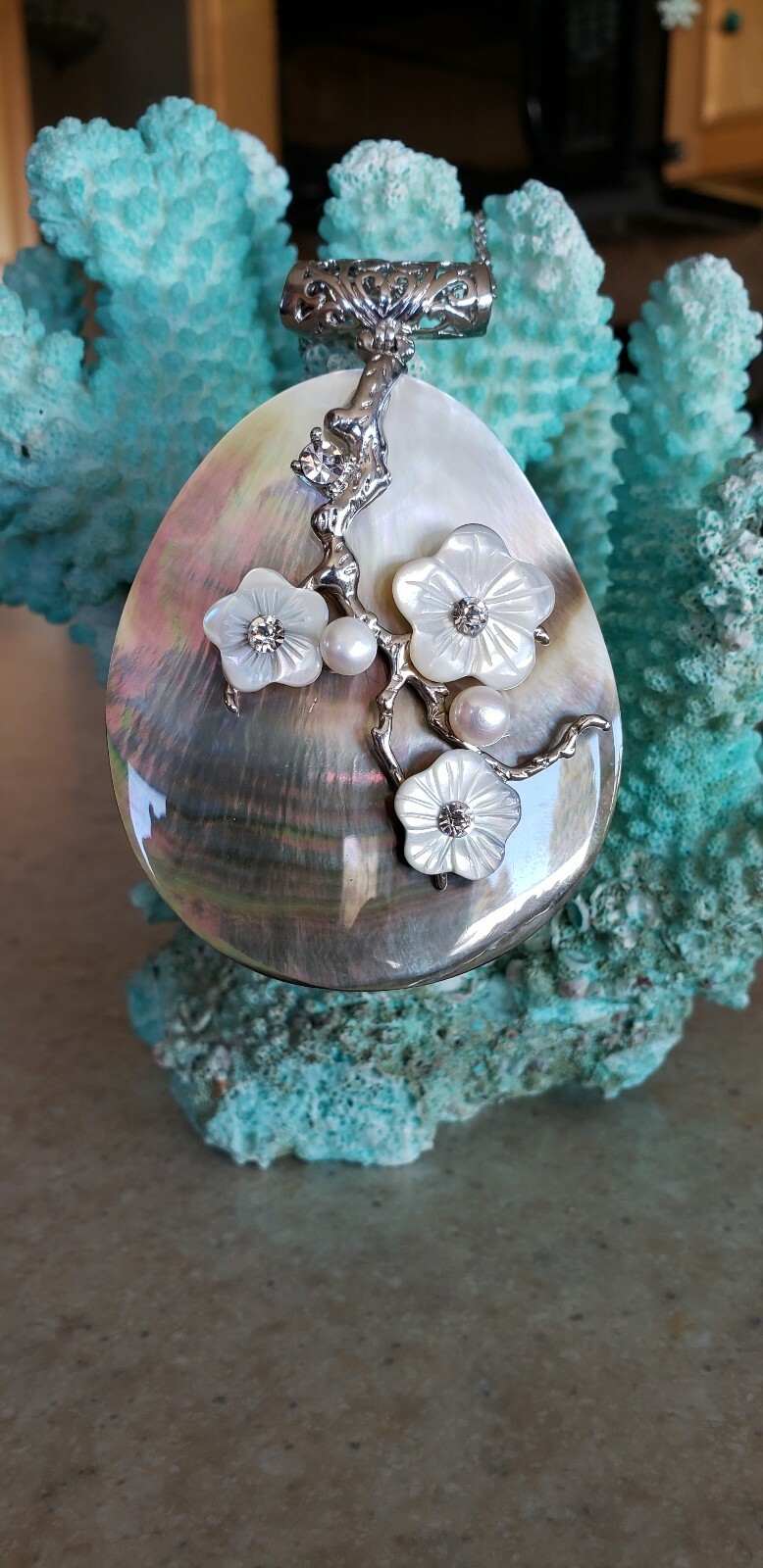 Abalone Shell Necklace Stunning, Faux Diamonds Flowers Pearls Coastal Jewelry
