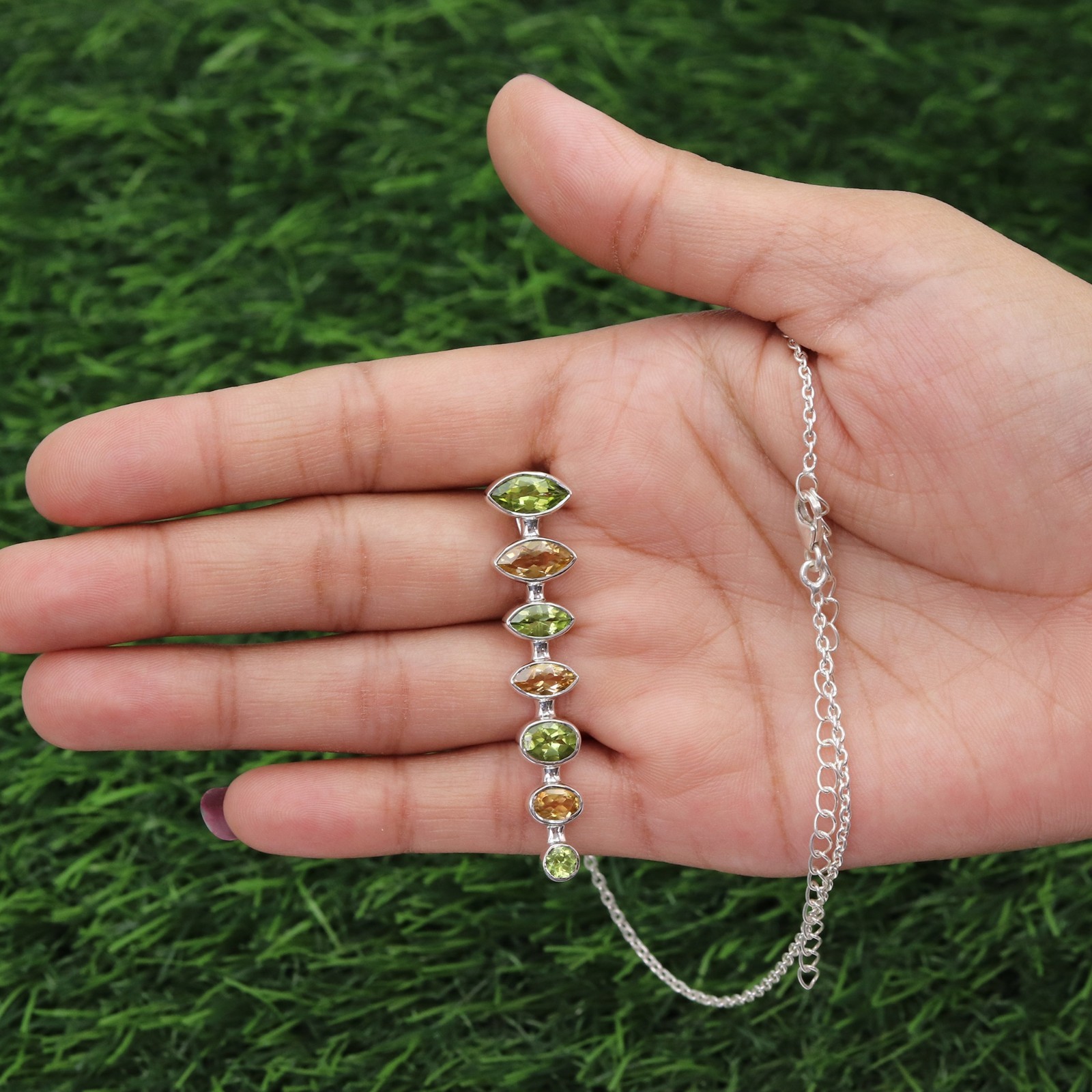Peridot & Citrine Statement Pendant Necklace 925 Silver Gift for Her