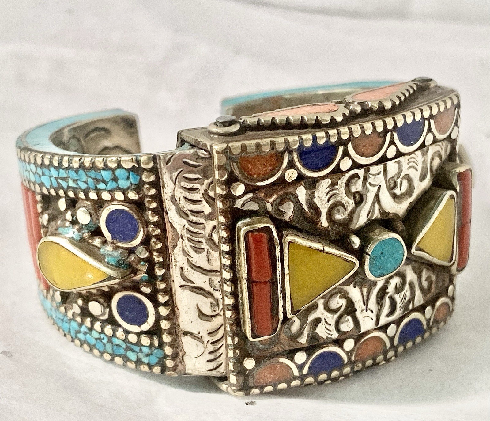 Moroccan Silver Tone Style Berber Mosaic Cuff Bracelet Coral Turquoise Enamel