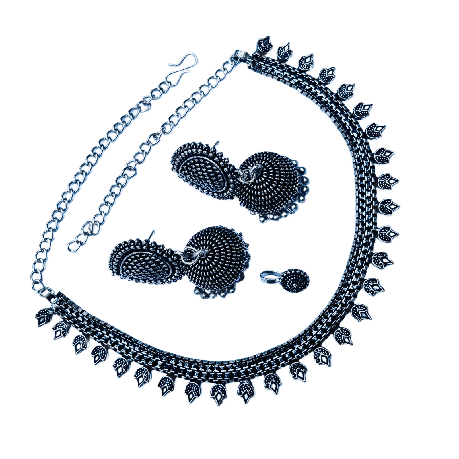 Indian Oxidized Silver Plated Choker Necklace Set With Earring And Nose Pin