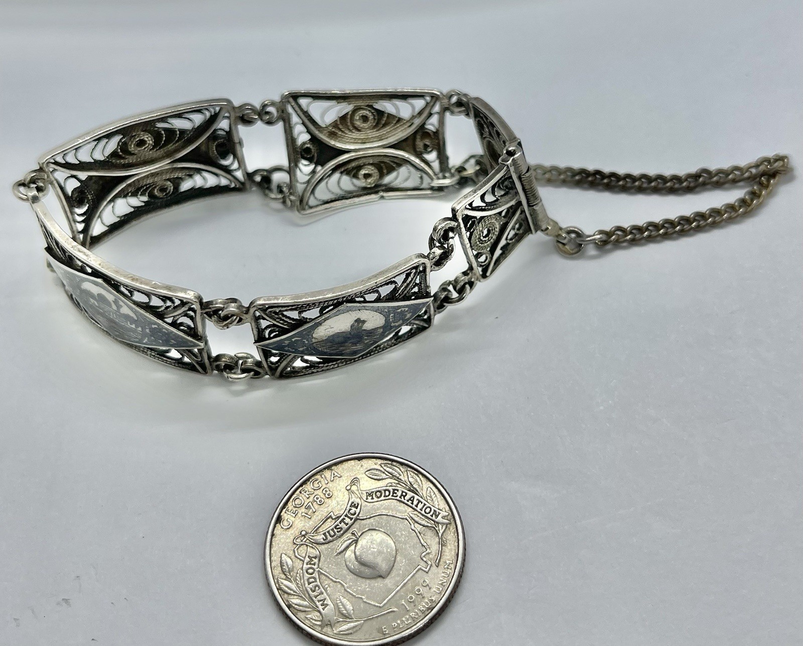 Antique Vintage Sterling Filigree 4 Picture Panel Bracelet 6 1/2” AS IS