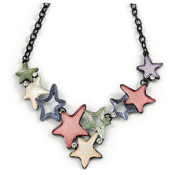 Pastel Multicoloured Matte Enamel Star Cluster Necklace In Black Tone – 40cm L/