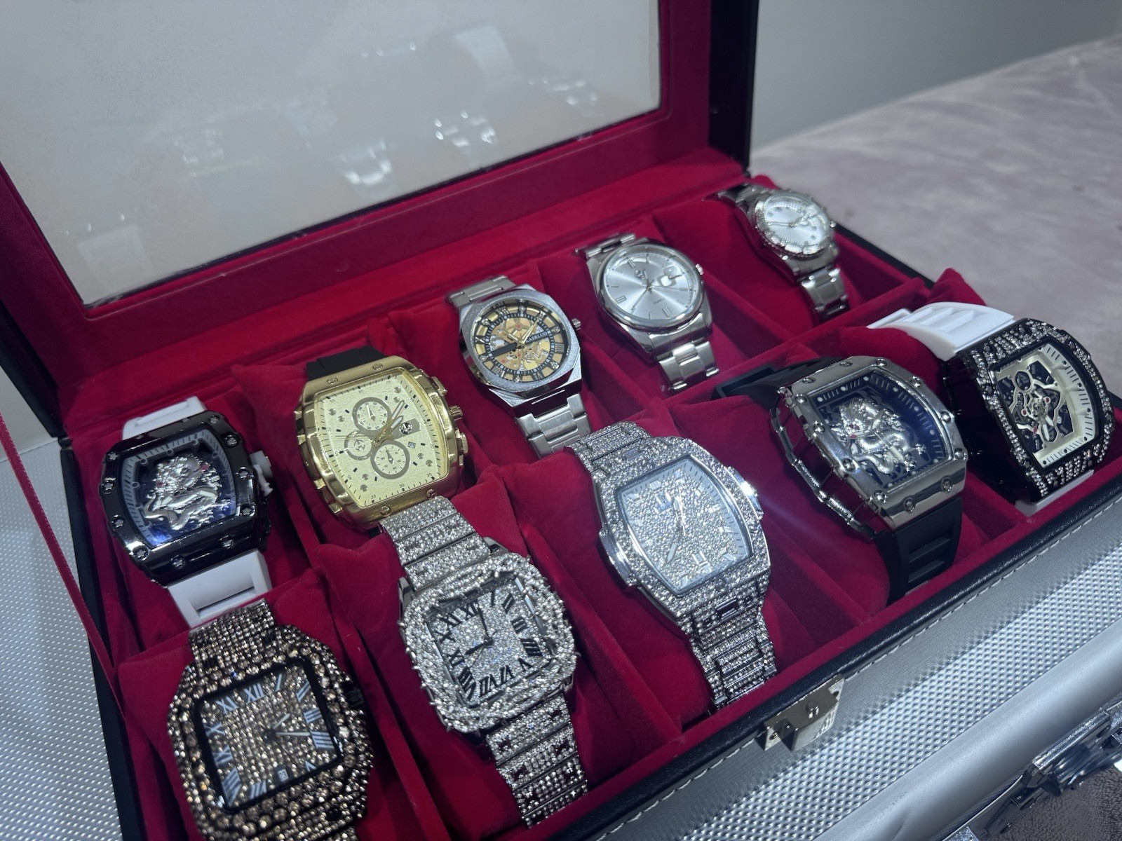 Lot of 10 Assorted Unisex Adult Wristwatches in Display Case