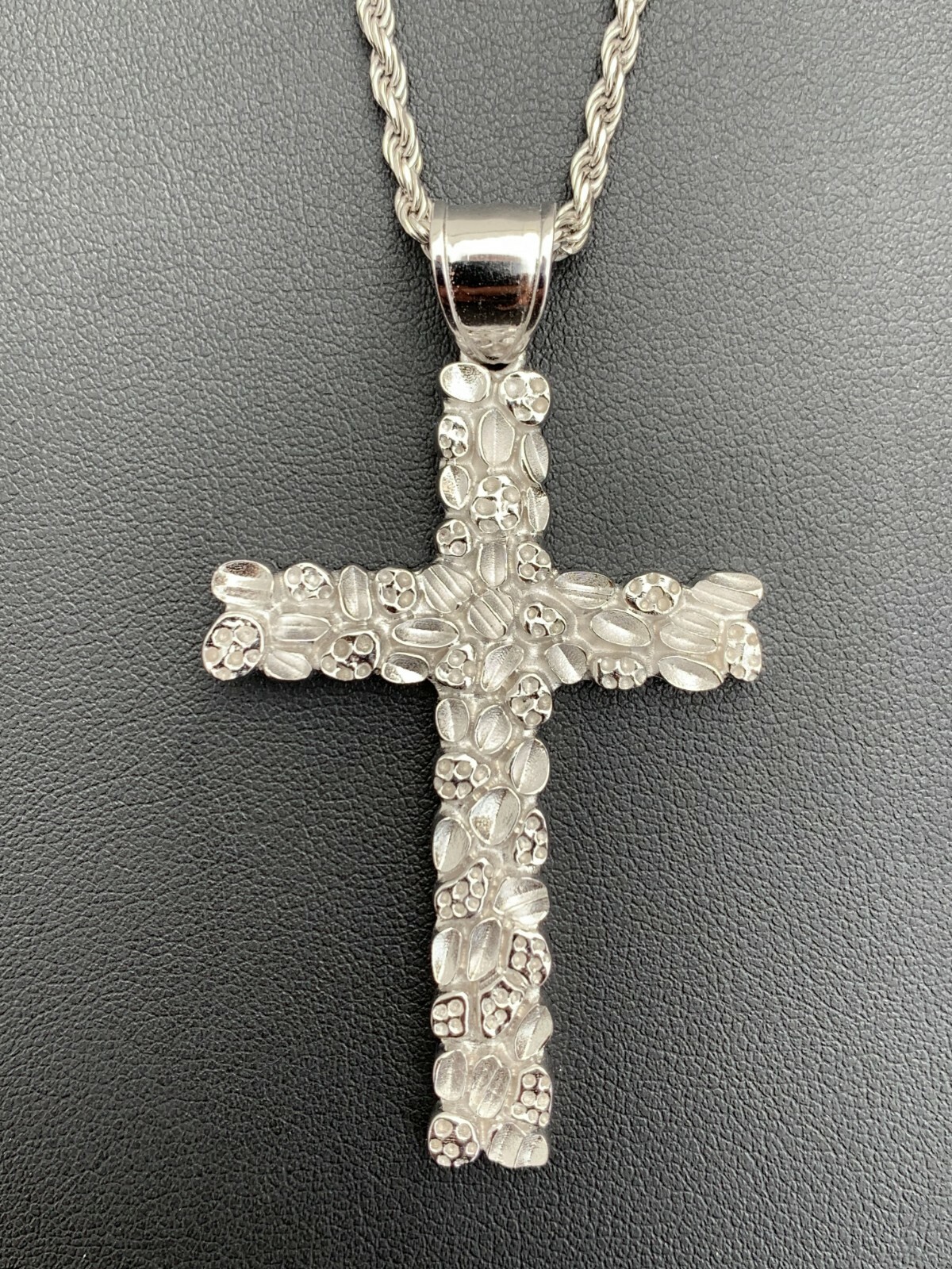 Mens Large 2.25″ Solid 925 Sterling Silver Nugget Cross Pendant Crucifix Chain