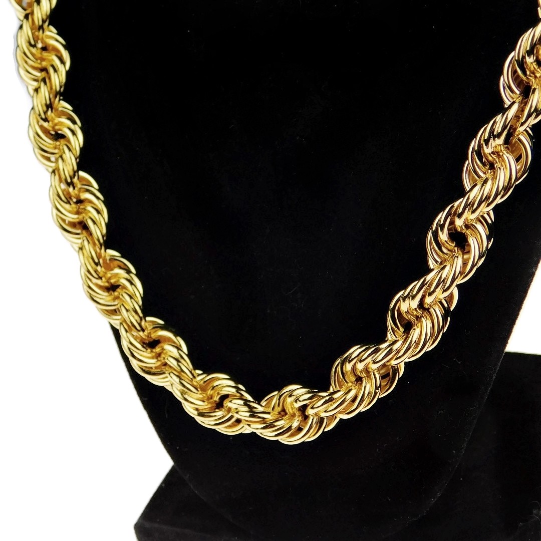 Men’s 14K Gold Plated Rope Chain 30″ x 12mm Thick 1980’s Rapper Hip Hop Necklace