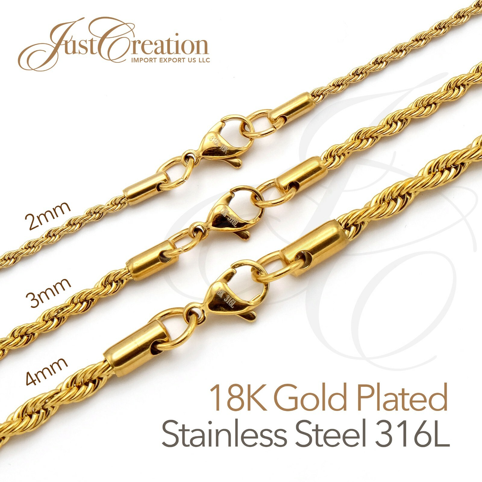 Gold Plated 18K, Stainless Steel 316L 2mm 3mm 4mm Rope Chain Necklace 14in-30in