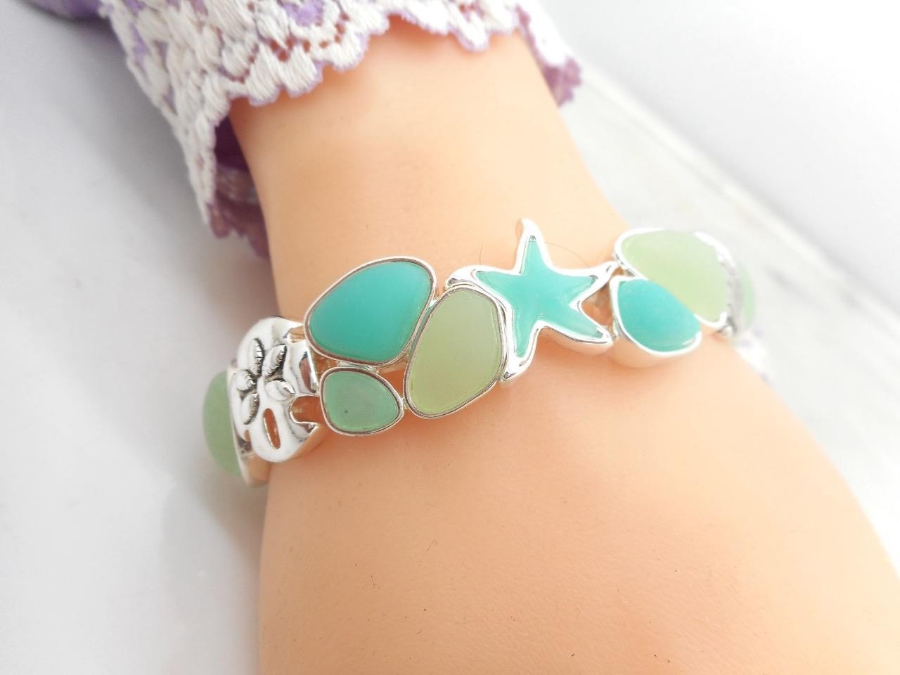 Bohemian Starfish Sea Glass & Resin Bracelet Beach Silver Dollar Theme NEW