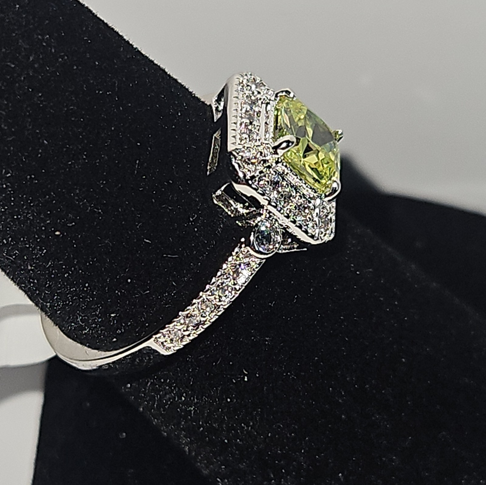 RBP2400 Lab-Created Lime Green Peridot White Topaz Halo Rhodium Ring Size 7