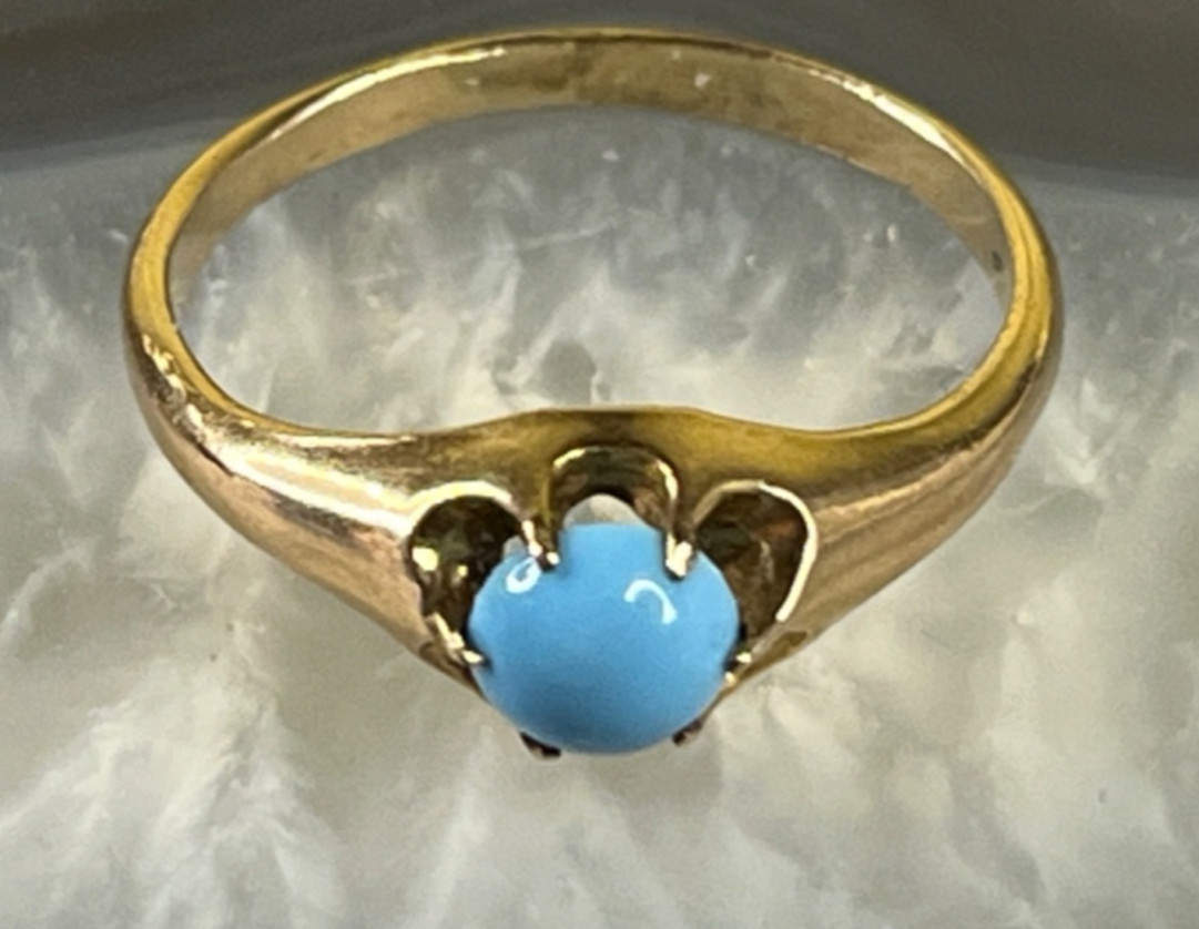1890’s Victorian 14k Persian Robin’s Egg Turquoise Antique Belcher Ring Sz 5.75
