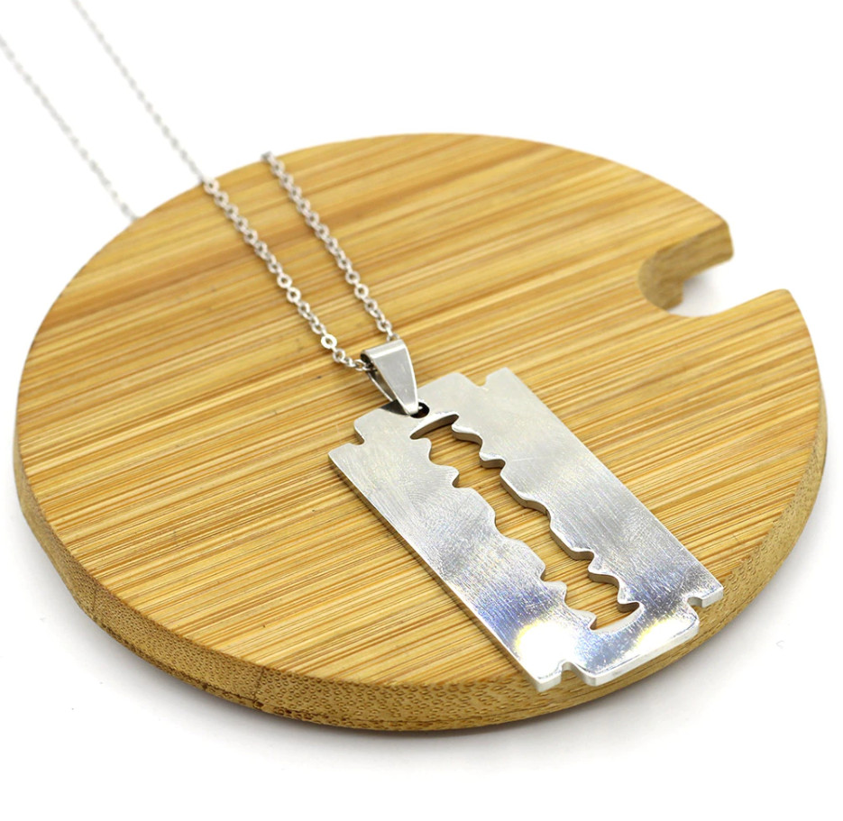 Silver Stainless Steel Silver-Tone Razor Blade Pendant Necklace