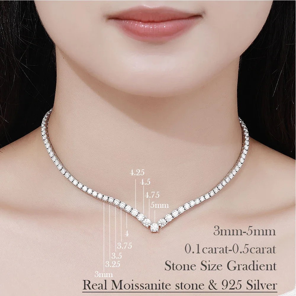 V-shaped All Moissanite Diamond Tennis Necklace with Gra for Women 925 Silver