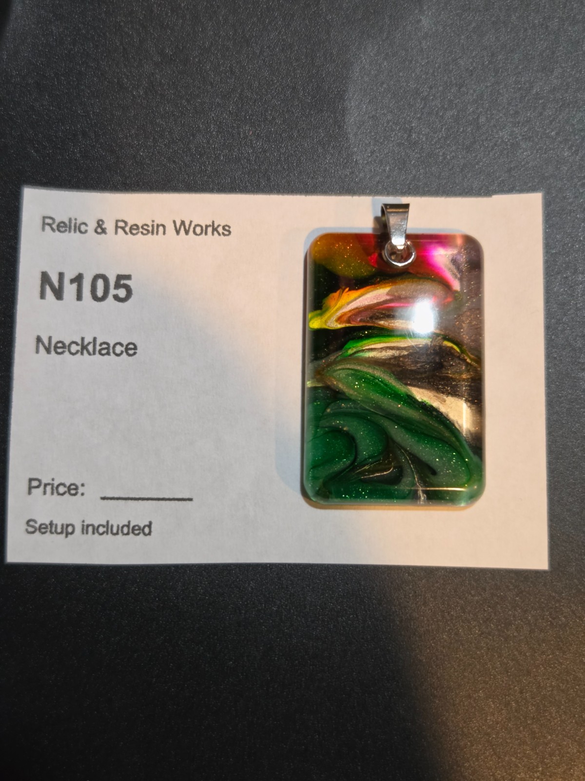 OOAK Petri Effect Resin Rectangle Pendant Green Pink Gold Stainless N105