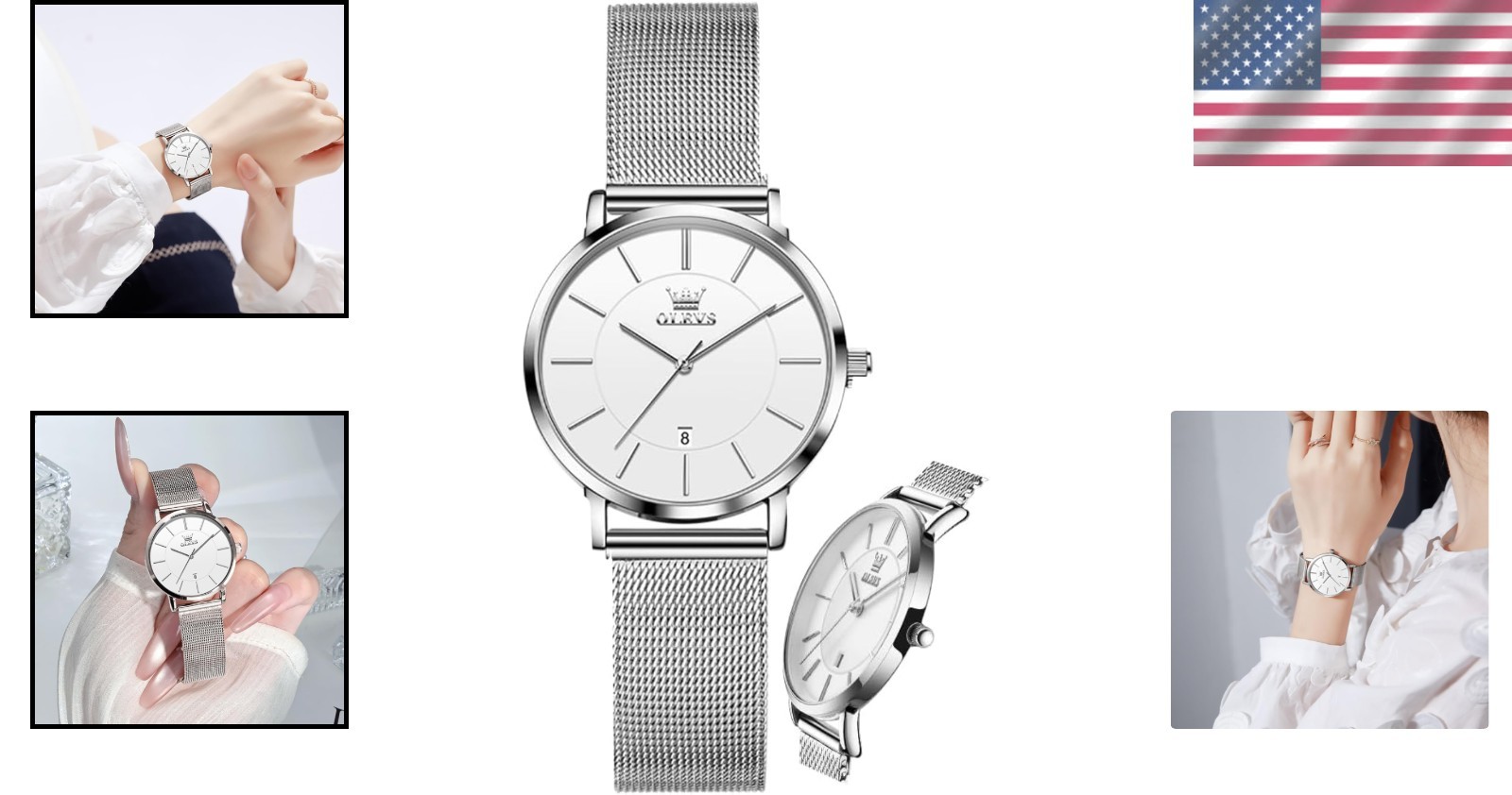 Ultra-Thin Silver Ladies Watch – Stylish Waterproof Mesh Strap with Date Display