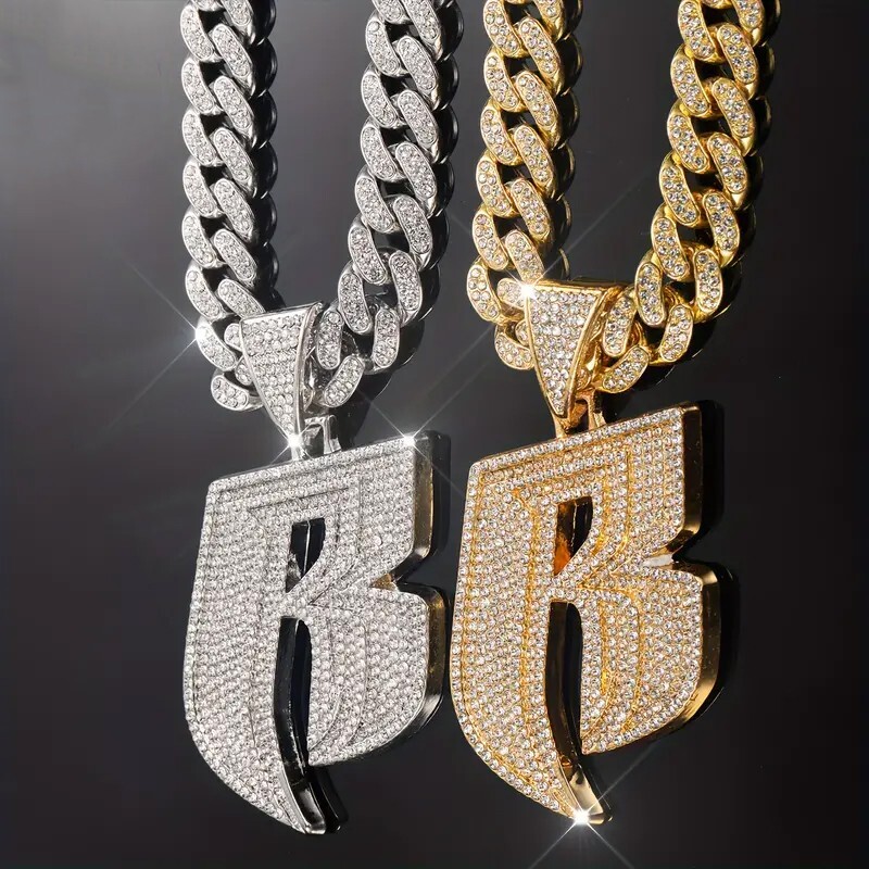 Ruff Ryder R Initial Large Pendant & Iced Cubic Zirconia Chain Hip Hop Necklace